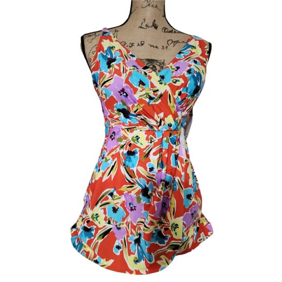 Anne Cole Floral Tropical Skirted One Piece Bathing Swim Suit Size 14 Large New‎ - Picture 1 of 7